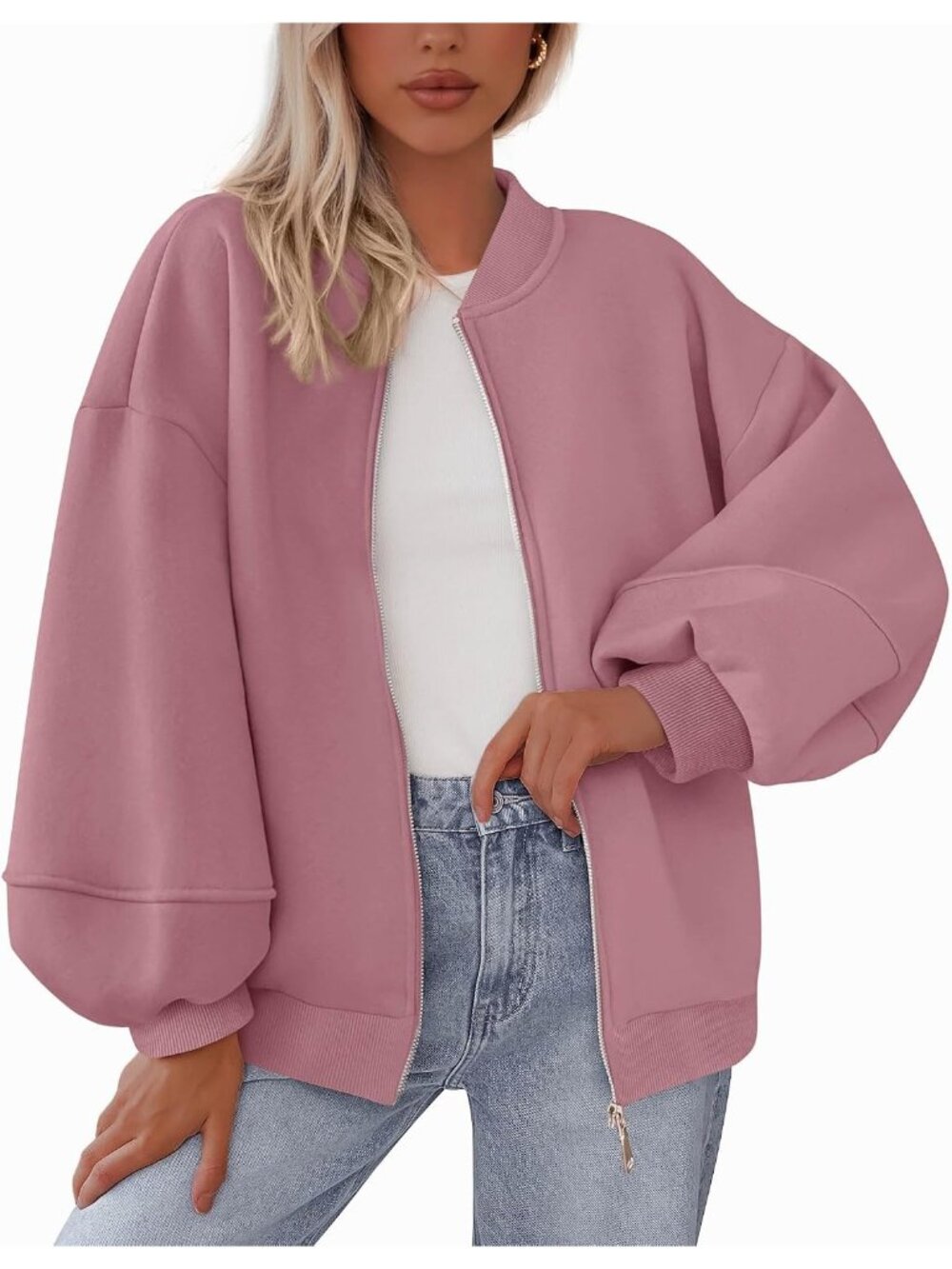 Women’s Pink Oversized ZIP Up Sweatshirt With Pockets Casual Bomber Jacket